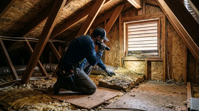 Technician inspecting rodent-damaged attic insulation in a Placerville home during a fall attic assessment.